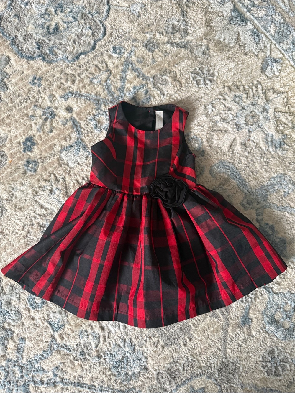 Cherokee Red and Black Plaid Holiday Dress with Rosette Accent